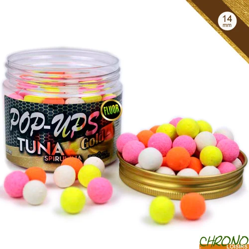 Pop Ups Pro Elite Baits Fluo Gold Tuna Spirulina 14/15mm 150ml 1 Pop Ups Pro Elite Baits Fluo Gold Tuna Spirulina 14/15mm 150ml